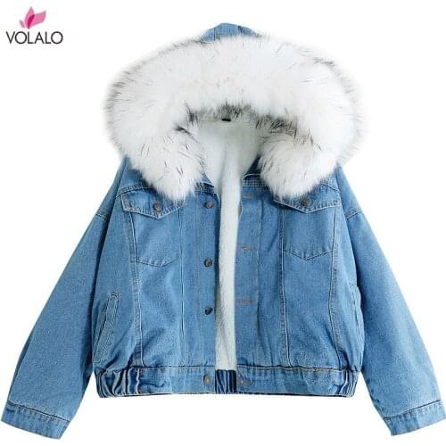 With Fur Trim Hood Cotton Liner Long Denim Jackets Women Winter Hardy Warm Denim Coats Jackets Female Plus Size Loose Outerwear