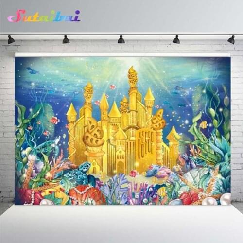 Sea Seabed Mermaid Birthday Background Under The Water Golden Palace Castle Backdrop Baby Shower Party Photo Backdrop Background