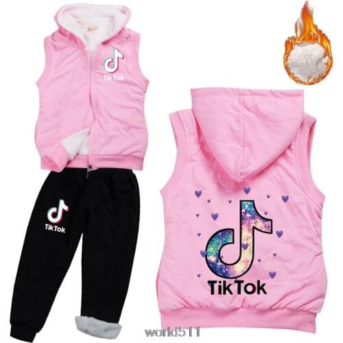 Tik Tok Girls Clothing Sets Hooded Warm Vest Jacket +Cotton Pants 2 Pieces Set Winter Girl Cotton Coat with Fur Hood 2-15 Years