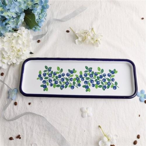 L 35 Cm / W 12 Cm Blueberry Antique Enamel Sushi Plate Square Tray Enamel Baking Plate Grilled Fish Plate