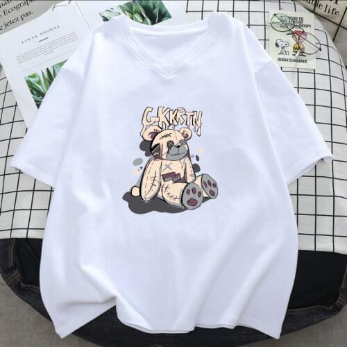 Summer Cotton New Harajuku T-shirts White Patch Bear Pattern Women Casual Tee Shirts Short Sleeved Loose Oversized T shirt Tops