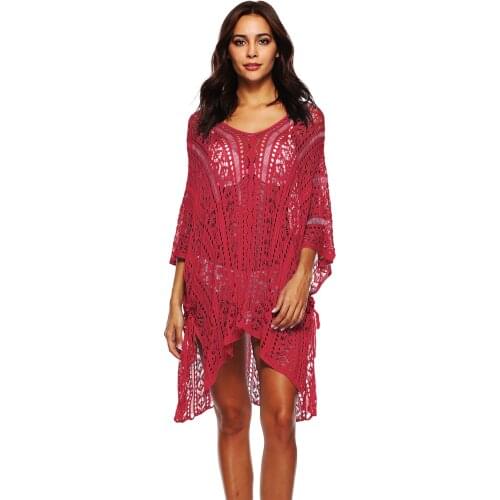 Summer Women Hollow Out V Neck Batwing Sleeve Red Beach Girls Crochet Dresses Sunscreen Blouse Dress Sexy Ladies Tops Sheer Cool