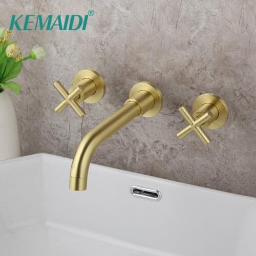 KEMAIDI Brushed Gold Basin Faucet Concealed Wall Mounted Faucet Tap 360 Rotation Single Handle Hot Cold Water Bath Mixer Tap