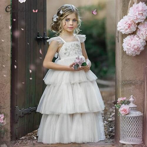Cute Flower Girl Dress Spghetti Strap Puffy Baby Girl Dress Lace Princess Girl Dress Ruffles Children Dresses First Communion