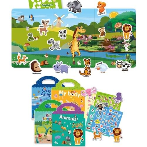 Reusable Children Stickers Books Scenes Stickers Puzzle Game DIY Cartoon Stickers Make Greeting Cards Scrapbook for Kids Gift