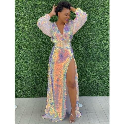 2021 New Fashion Colorful Sequined High Split Long Women Dresses To Party Full Sleeves Sparkle Prom Gowns Vestidos