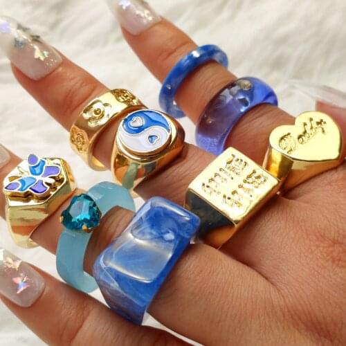 New 2021 Ring Set Wholesale for Women Colourful Transparent Resin Acrylic Enamel Metal Geometric Square Round Rings Set Jewelry