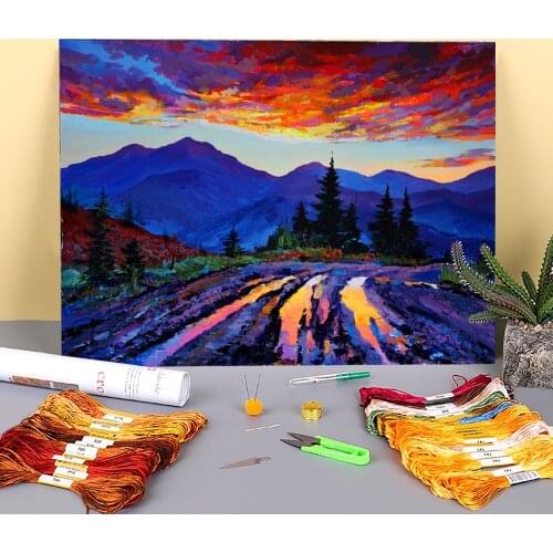 Landscape Evening Printed Canvas 11CT Cross Stitch DIY Embroidery Patterns DMC Threads Hobby Painting Craft Adults