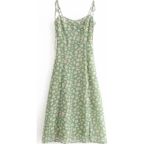 Women Summer Sexy Daisy Print Slit Sling Dress Strethable Back Midi Dress Woman Casual Adjustable Shoulder Strap Dress