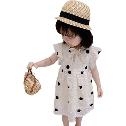 Girls short-sleeved flying sleeve princess dress girl dress summer baby foreign summer dress children polka dot print bow dress