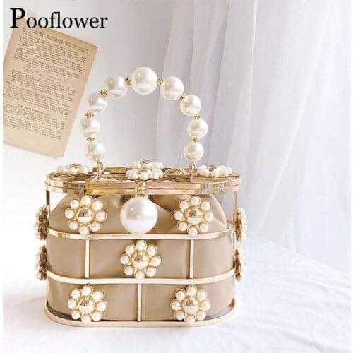 Pooflower Ladies Elegant Pearl Beaded Evening Dinner Purse Bag Women Fashion Hollow Out Bucket Handbag Wedding Party Purse ZH263