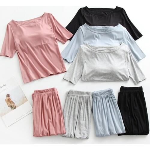 Casual Thread Modal Womens Sleepwear Home Suit Chest Pad Pajamas Set Half Sleeve Lantern Pant Two piece Cotton Pyjamas Women