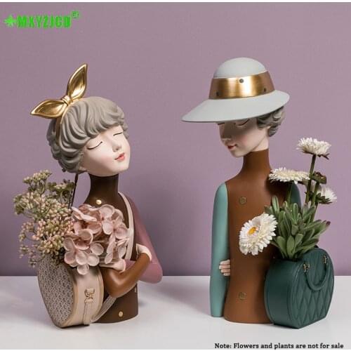 Nordic Modern Home Resin Girl Holding Vase Statue Cartoon Dried Flower Decoration For Living Room Bedroom Dining Table Ornaments