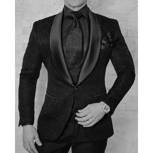 One Button Black Paisley Groom Tuxedos Shawl Lapel Groomsmen Mens Wedding Prom Suits (Jacket+Pants+Vest+Tie) NO:229