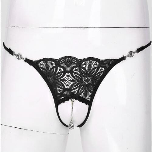 Men Rhinestone Pendant Floral Lace G-String Breathable Exotic Sexy Low Rise Crotchless Thongs T-Back Sissy Lingerie Underwear