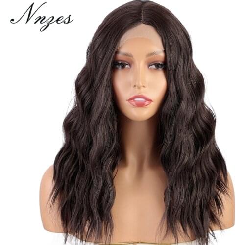NNZES 16Inches Long Water Wave Dark Brown Synthetic Wigs for Women Blonde Black Pink Cosplay Middle Part Natural Looking Hair