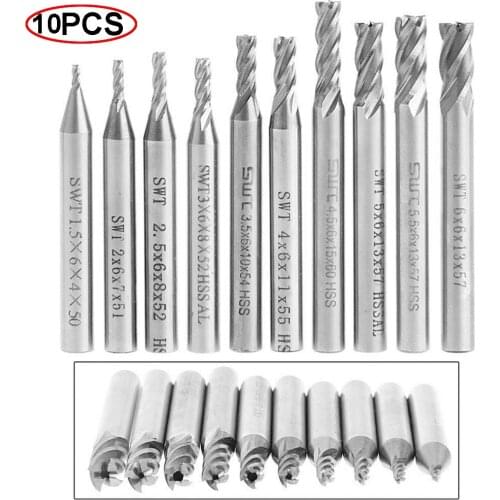 10pcs/set 1.5/2/2.5/3/3.5/4/4.5/5/5.5/6mm High Speed Steel 4 Flute End Mill Cutter HSS straight shank milling cutter
