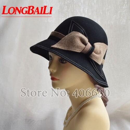 LongBaiLi Winter New Fashion Bow Camel Wool Felt Bucket Hats Women Chapeau Fedoras Free Shipping SWDW023