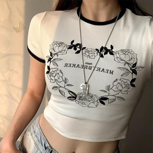 Flower Print Women T-Shirt Contrast Casual Slim Cropped Tops Thin Round Neck Short Sleeve Tee-Shirt Female Clothes White Tops