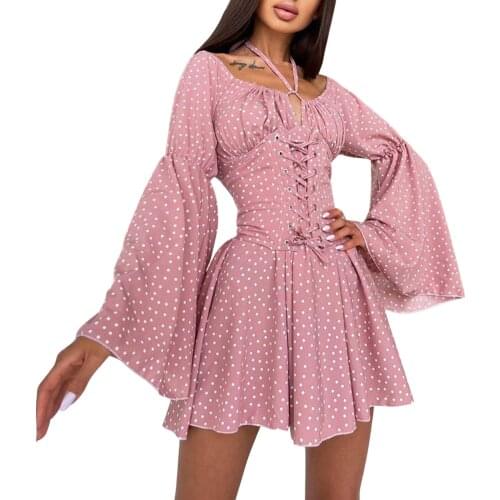 IMCUTE Bohemian Halter Neck Polka Dot Printed Trumpet Sleeve Princess Dress Womens Temperament Hollow Halter Slim A-line Skirt