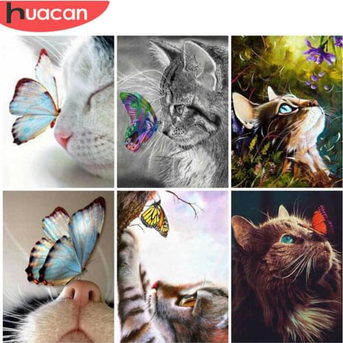 HUACAN Diamond Painting Cat And Butterfly Diamond Embroidery Animals Cross Stitch Full Drill Wall Stickers