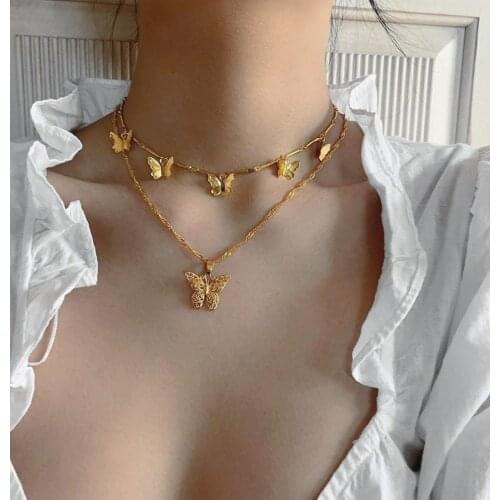 IF YOU Trendy Gold Colorful Multilayer Pendant Butterfly Necklace For Women Charm Choke Party Accessories Anniversary Gift