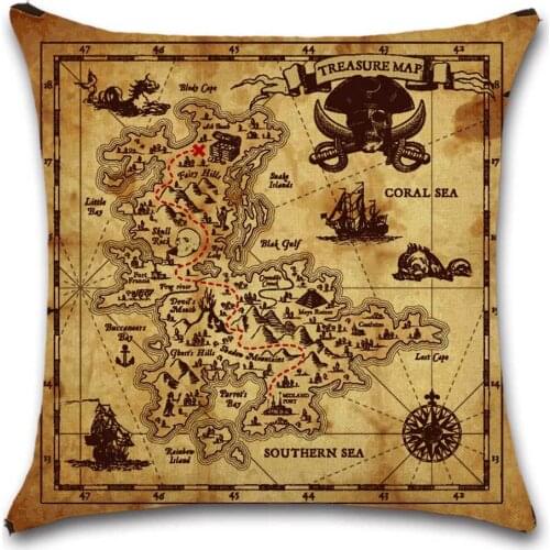Pirate treasure map Funny printed Cushion Cover decorative Home sofa chair car seat friend kids boys bedroom gift pillowcase