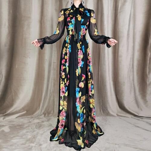 Plus Size Maxi Long Dress Designer High Quality New WomenS Fashion Casual Elegant Flower Printed Chiffon Slim Party Dresses
