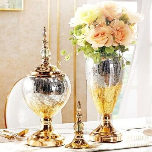 European Decorations, Simple Dried Flowers Flower Arrangement Hardware Glass Rosette Vase Table Light Luxury Decoration