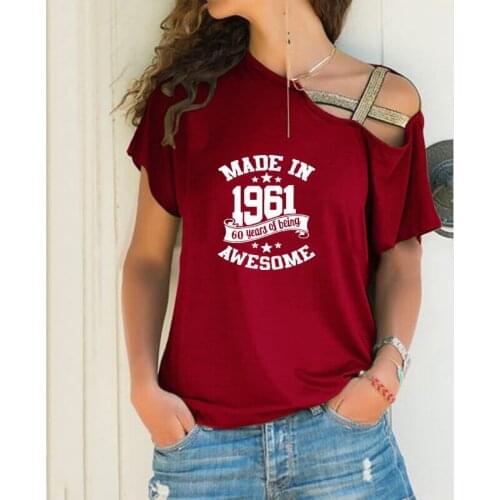 Made in 1961 60 Years of Being Awesome Loose Irregular T-shirt Women Sexy Skew Neck Cross Bandage Tops for Female Birthday Gift