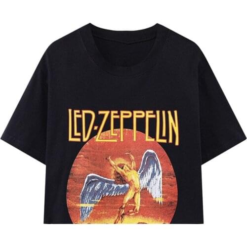 Oversize Girls Soft Cotton O Neck T-shirt 2021 Summer Fashion Ladies Office Loose Women Zeppelin Poster Print Exposed Navel Top