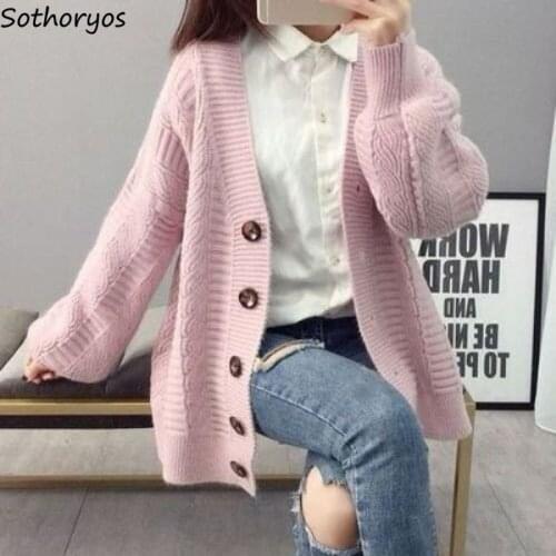 Cardigan Women Sweater Lantern Sleeve Single Breasted Thick Womens Simple Trendy Casual All-match Warm Ulzzang Knitted Korean