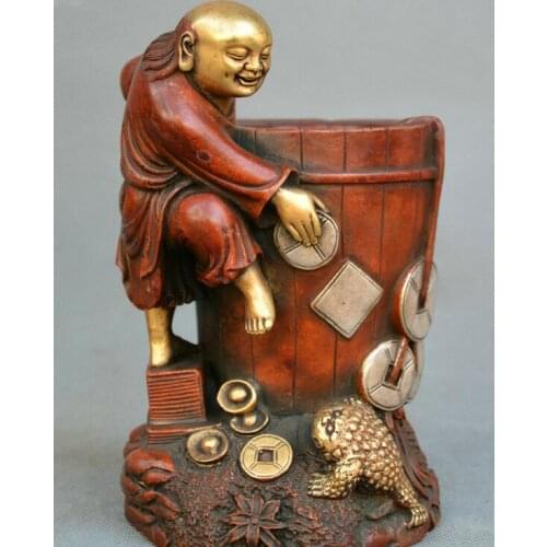 Chinese fengshui old Bronze copper gild Liu Hai play Gold toad statue brush pot