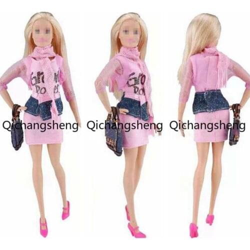 11.5" Fashion Pink Accessories For Barbie Doll Clothes Outfits Set Lace Coat bag Scarf Shoes Dress Kids 1/6 BJD Dollhouse Toys