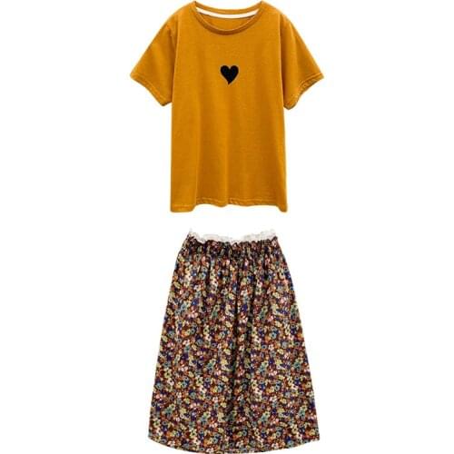 Summer Girls Skirts Clothes Set 2 pieces Yellow Tops Floral Print Skirts Elegant Teen Girls Clothing