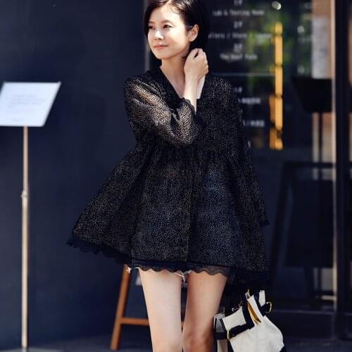 MICOCO C0928C Literature and art Sweet temperament flocking edge stitching loose Three Quarter shirt