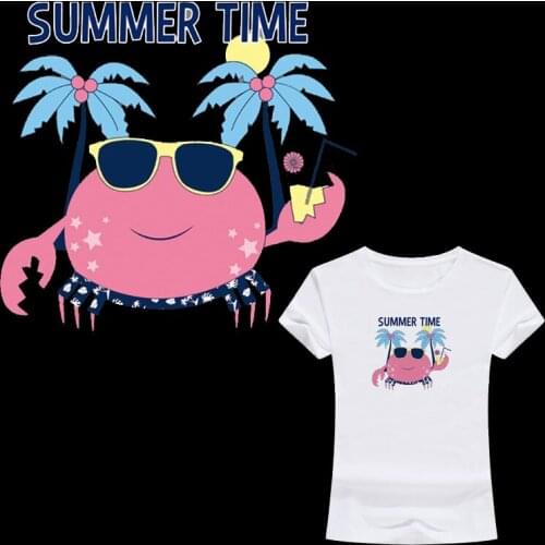 Cartoon Summer Beach Crab Iron On Stickers Washable Appliques A-level Patches Heat Transfer For DIY T-shirt Clothes Jeans Decor