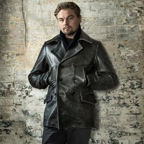 High Quality Trench Coat Genuine Leather European Fashion Star Mens Cowhide Leather Coats Vintage Jacket For Man Winter Clothing