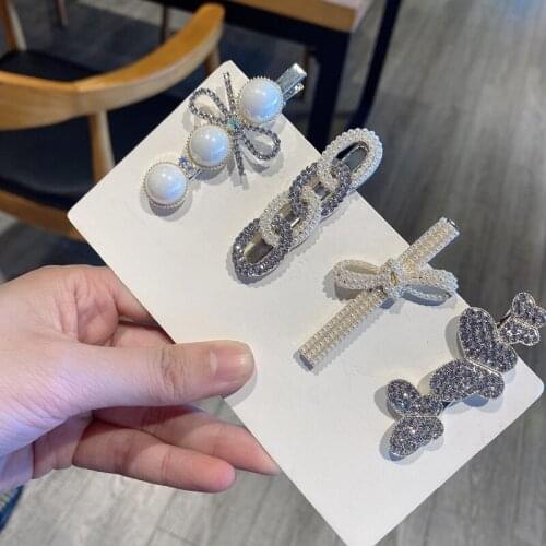 New Chain Bow Diamond Barrette Imitation Pearl Hair Collet Jewelry Girl Bangs Clip Hairpin Alloy Headwear Styling Accessories