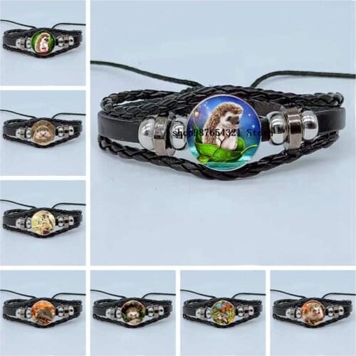 The new hedgehog cartoon photo bracelet men and women handmade fashion bracelet glass cabochon multilayer woven leather bracelet