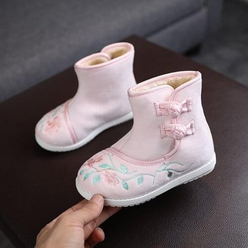 Autumn/Winter Kids Girls Boots Cloth Shoes Girls' Embroidered Short Boots Children Plush Warm Chinese Style Flower Boots Fashion