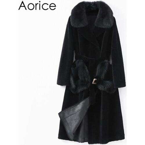 Aorice Winter Women Wool Fur Coat Trench Sheep Shearing Jacke Fox Collar Coats Lady Female Warm Jackets Parka H2103