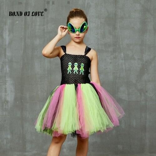 Girls Tutu Dress with Headband Green Alien Princess Cosplay Costume for Kids Children Clothing Christmas Party Dress