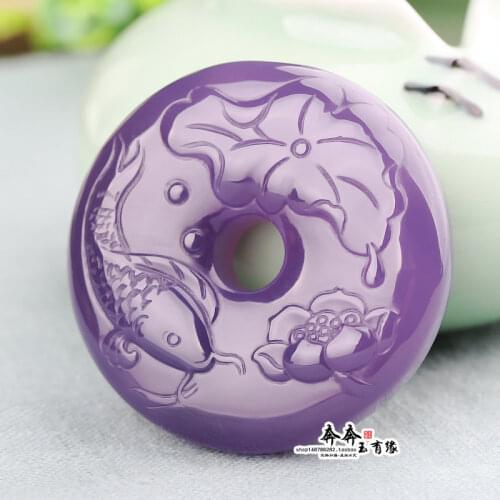 Natural purple agate jade pendant hand carved jade lotus fish jadeite pendants jade necklace with rope jade jewelry amethyst