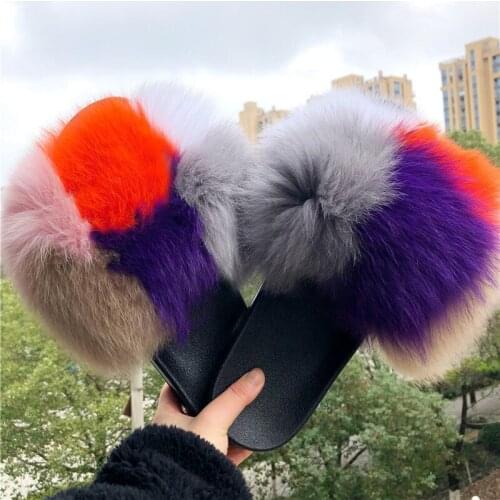 Summer Womens Fox Fur Slippers Ladies Indoor Flat Non-Slip Furry Flip Flops Cute Plush Sandals Female Luxury Soft Fluffy Slides