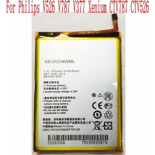 100% Brand new original 5000mAh AB5000AWMT Battery For PHILIPS V787 V526 V377 Xenium CTV787 CTV526 Mobile Phone