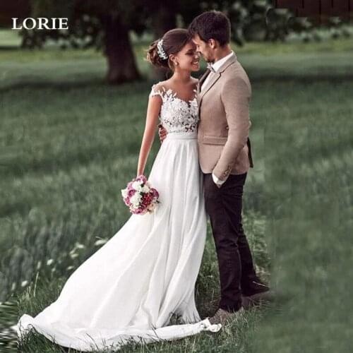 LORIE Boho Wedding Dress Cap Sleeve Lace Beach Bridal Gowns A Line Chiffon Robe de mariage Wedding Party Dress H405