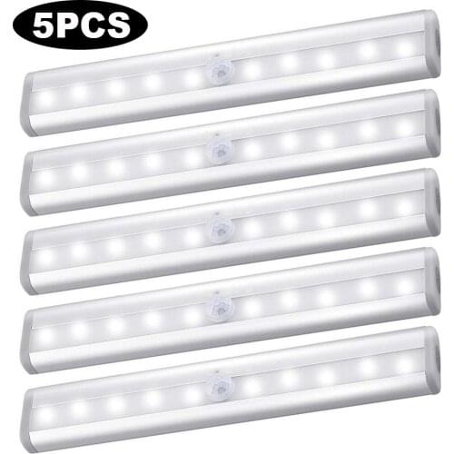 5X LED PIR Motion Sensor Closet Light 10LEDs Cool Warm White Desk Drawer Wardrobe Lamp Under Cabinet Night Light Battery Powered