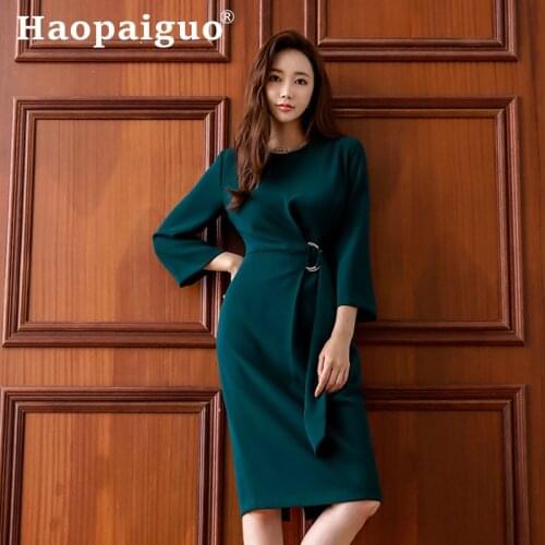 Green Midi Package Hip Dress Autumn 2019 Wrist Corset Bodycon Wrap Korean Dress Women Solid Plus Size Dress for Women Robe Femme