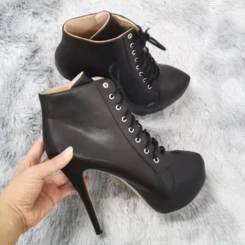 LOSLANDIFEN Ladies Ankle Boots Matt Leather High Heels Lace Up Women Boot Platform Stiletto Autumn Winter Party Shoes Red